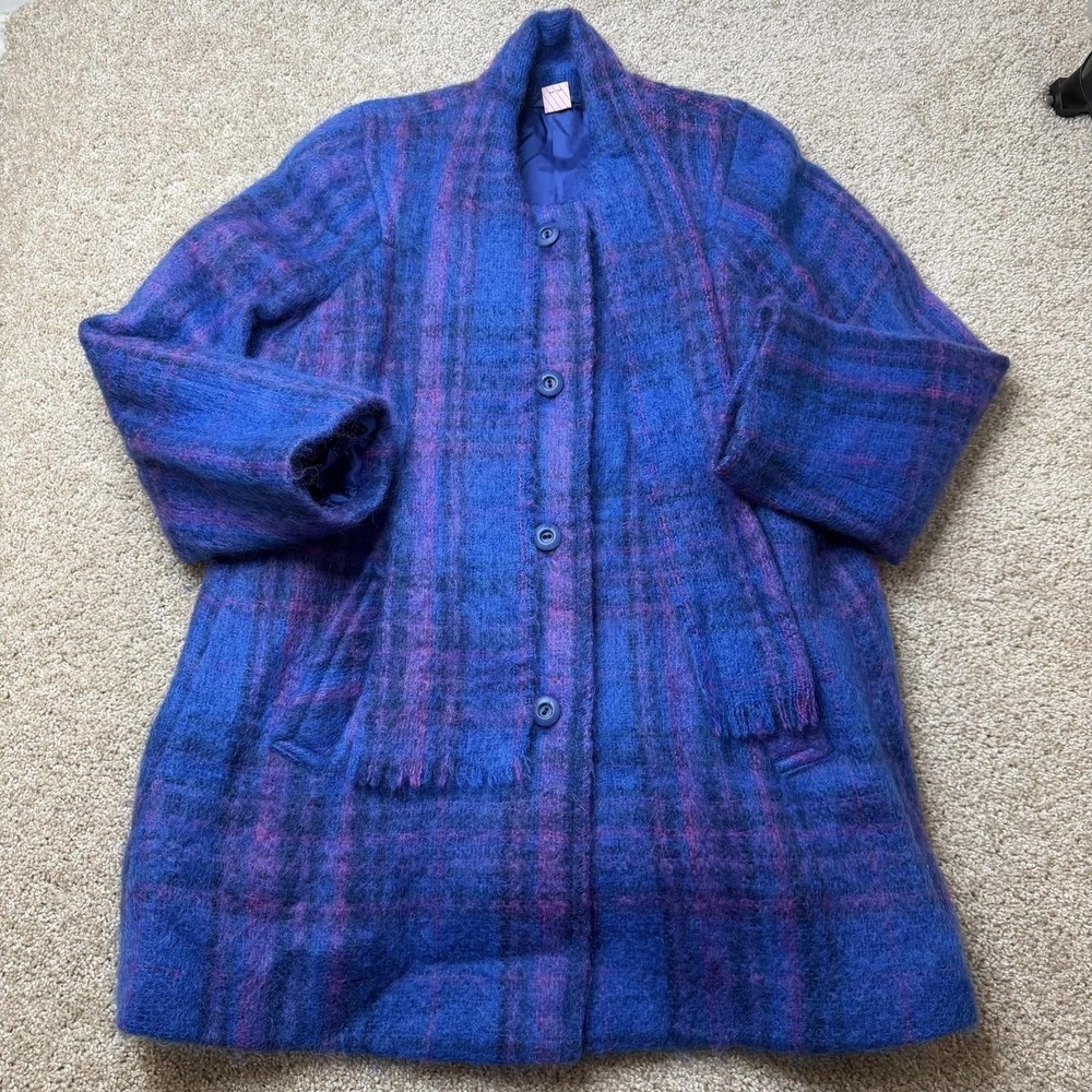 Vintage Donegal Design Coat Womens Large Blue Mohair Plaid Fringe Overcoat
